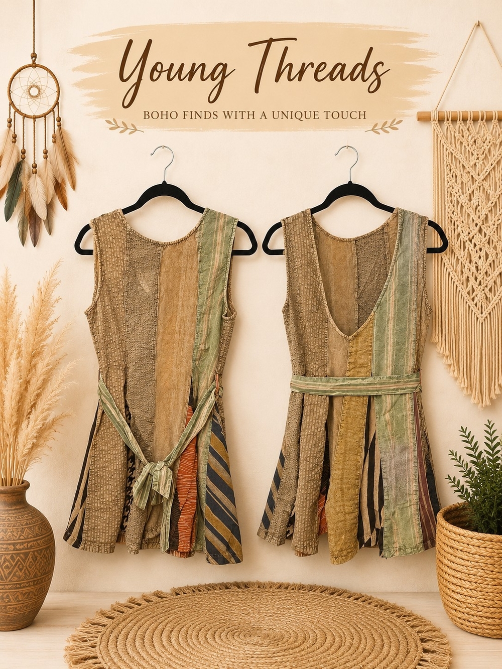 206 Young Threads Boho Patchwork Romper Green & Tan